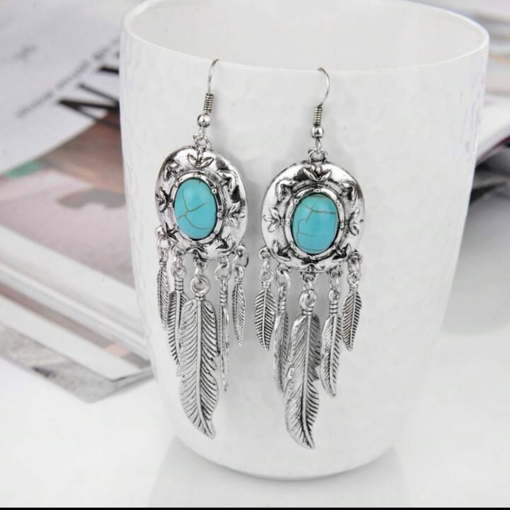 3 for $13💛Silver and Turquoise Feather Dangle Earrings